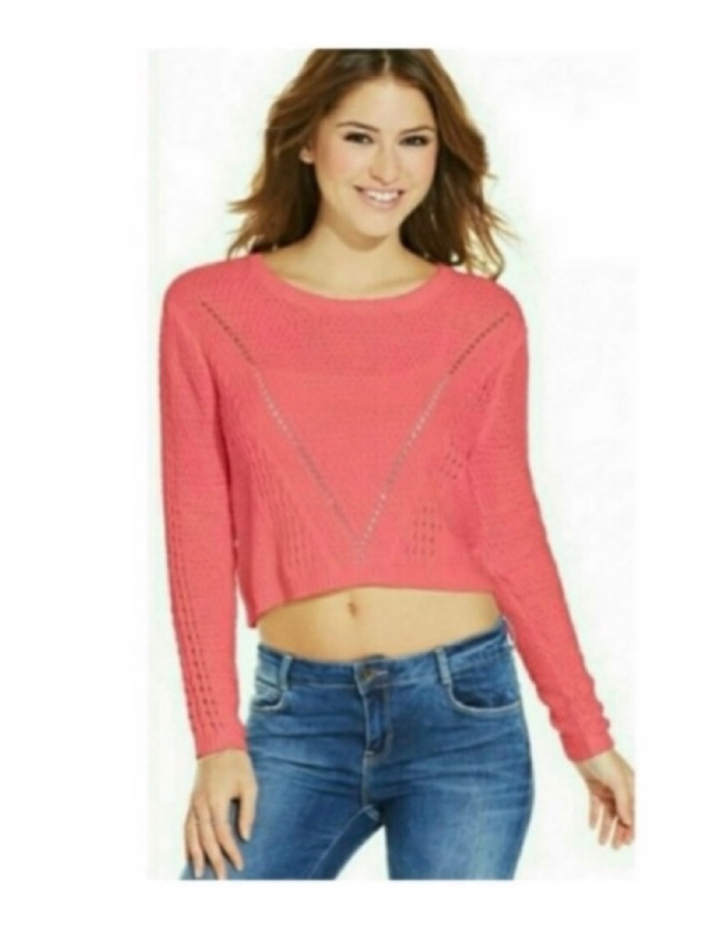 🍇 HOOKED UP by IOT Coral Open Stitch Crop Sweater NWT L